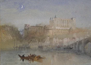 Most a zámek v Amboise, c. 1830 (akvarel přes grafit s tělovou barvou a perem a hnědým, černým a načervenalým inkoustem)